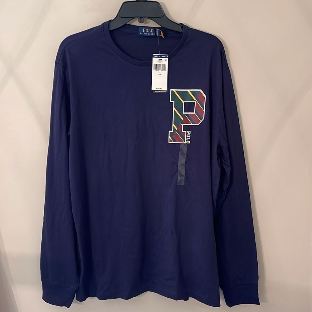 POLO Ralph Lauren Polo Men Varsity Big P Navy T-Shirt Long Sleeve Tee NWT Large